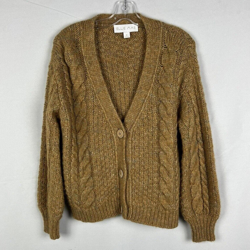 Ellie Mae Cable Knit Cardigan Sweater Alpaca & Wool Brown Size XS